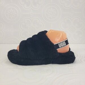 UGG Fluff Yeah Womens Slide Slippers Black Sheepskin Slingback Platform Sz 5